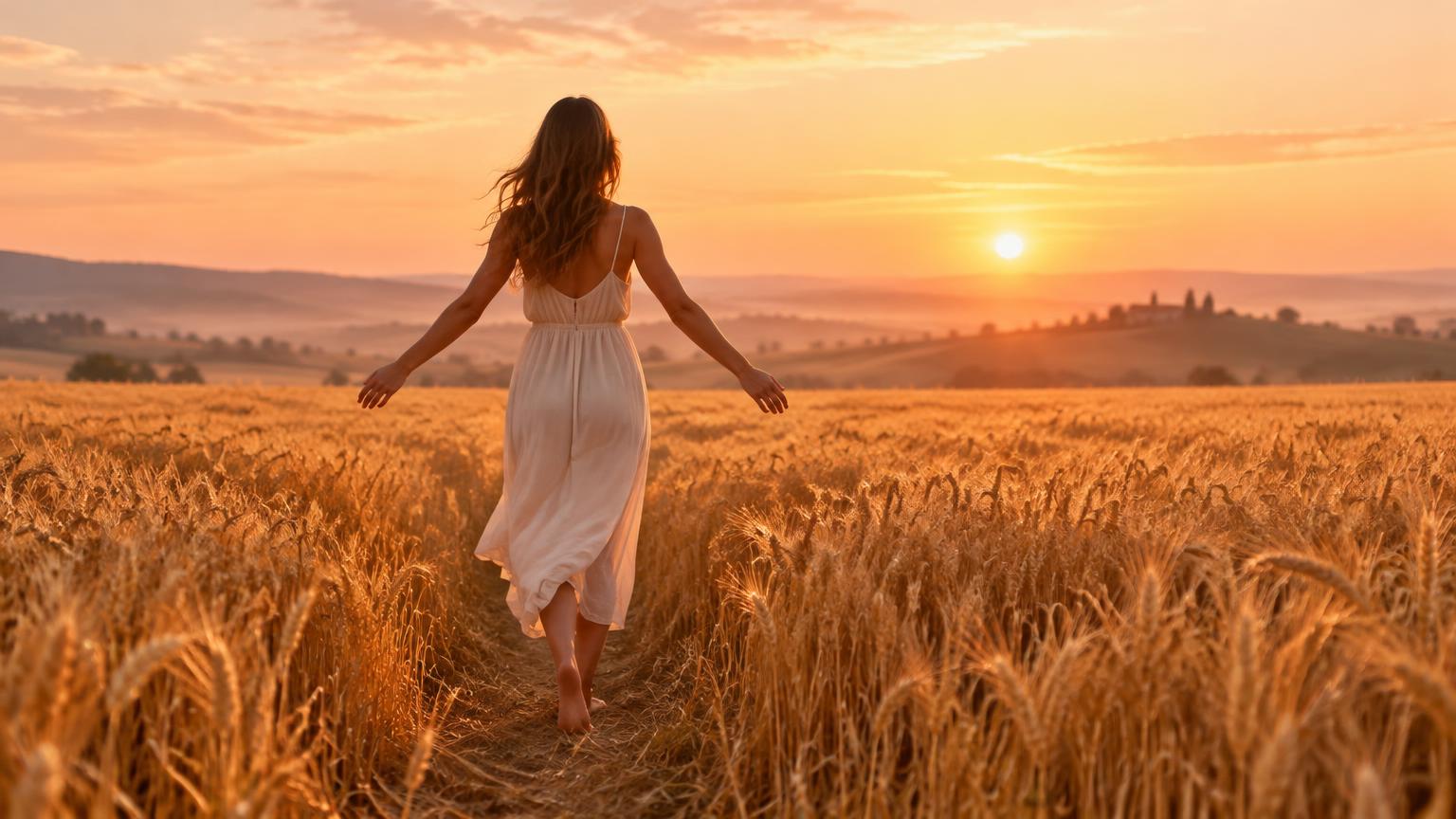 Mulher caminhando em um campo ao nascer do sol